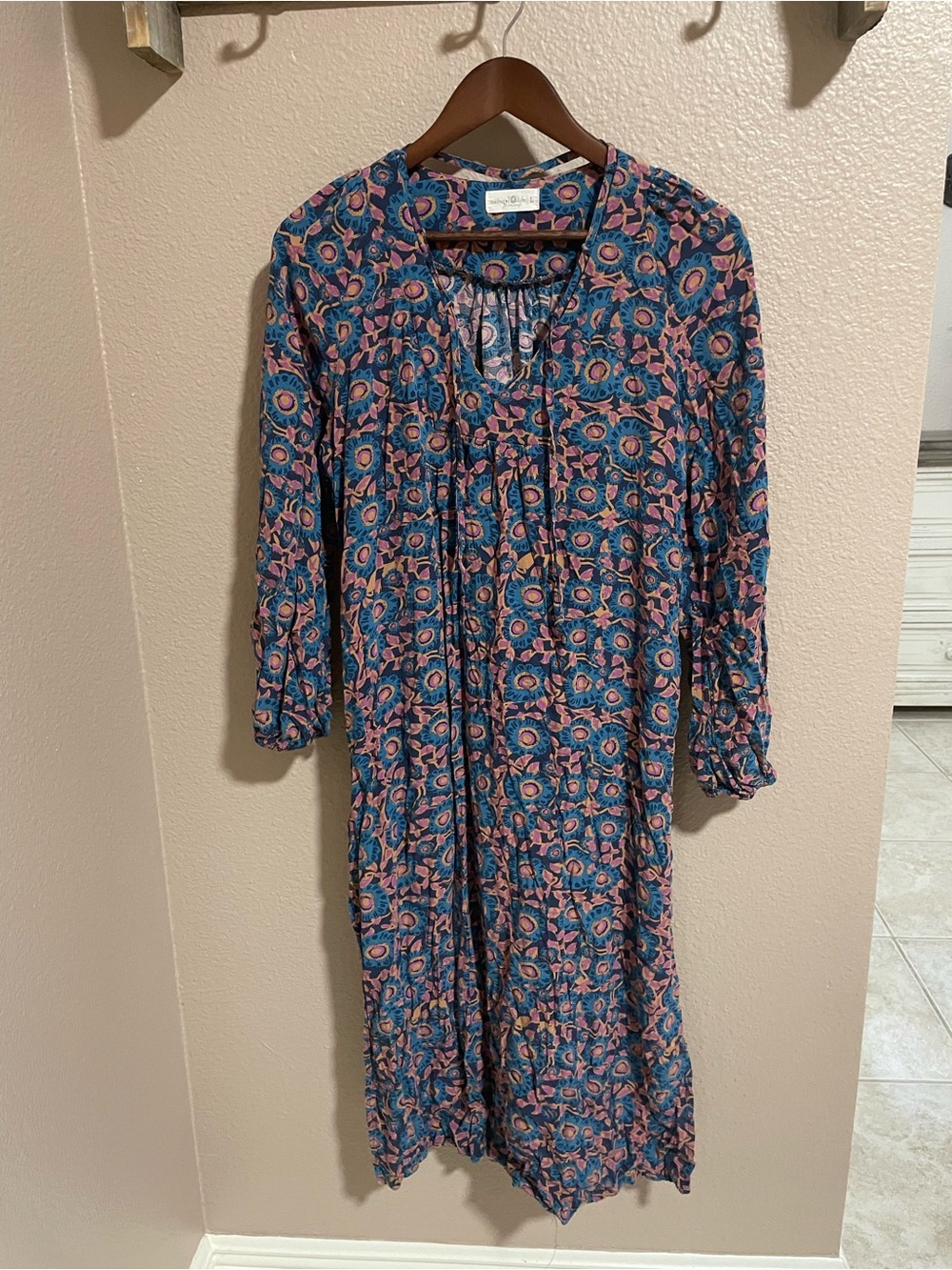 NATURAL LIFE Blue Midi Rayon Dress with Pink Pattern